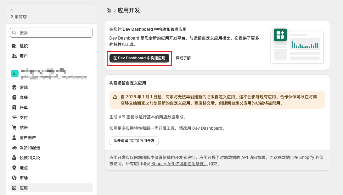 Shopify 应用开发页面，Dev Dashboard 构建应用按钮被标记